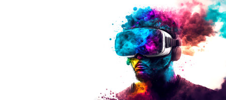 Abstract VR headset glasses portrait with colorful double exposure paint with Generative AI.の素材