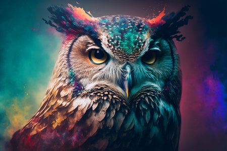 Abstract animal Owl portrait with colorful double exposure paint with Generative AI.の素材