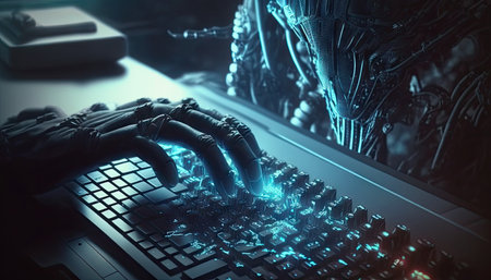 Futuristic Cyber hand using laptop and typing keyboard. Technology in future. Writing programming codes. Generative AI.の素材