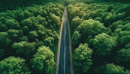 Aerial top view of asphalt road through green forest, healthy rain forest,  environment, health, green economy, view of nature ecosystem for save Earth with Generative AI.の素材
