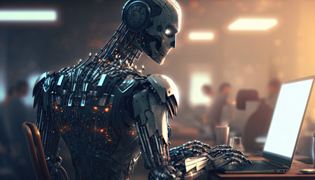 Artificial intelligence, cyborg using computer and typing keyboard, Technology in future, Writing programming codes. Generative AI.の素材