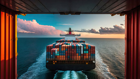 Aerial top view of cargo container business ship, global express in the ocean, logistic freight shipping and transportation, container cargo maritime ship with Generative AI.の素材