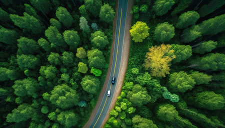 Aerial top view of asphalt road through green forest, healthy rain forest,  environment, health, green economy, view of nature ecosystem for save Earth with Generative AI.の素材