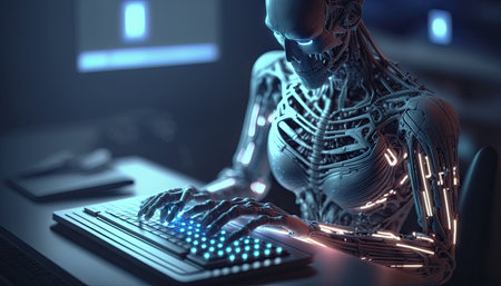 Artificial intelligence, cyborg using computer and typing keyboard, Technology in future, Writing programming codes. Generative AI.の素材