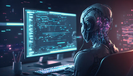 Artificial intelligence, cyborg using computer and typing keyboard, Technology in future, Writing programming codes. Generative AI.の素材