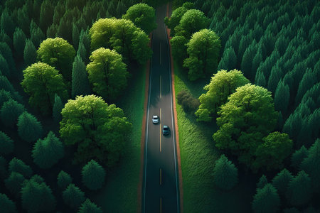 Aerial top view of asphalt road through green forest, healthy rain forest,  environment, health, green economy, view of nature ecosystem for save Earth with Generative AI.の素材