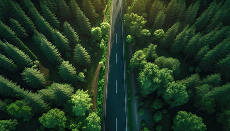Aerial top view of asphalt road through green forest, healthy rain forest,  environment, health, green economy, view of nature ecosystem for save Earth with Generative AI.の素材