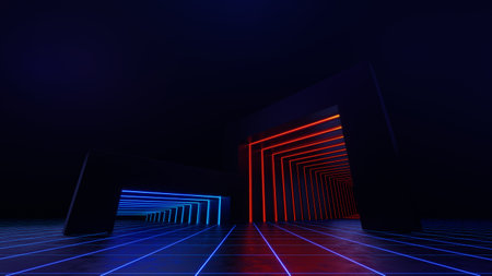 3d technology abstract neon light background, empty space scene, spotlight, dark night, virtual reality, cyber futuristic sci-fi background, street floor studio for mock up. colored geometric.の写真素材
