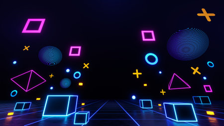 3d technology abstract neon light background, empty space scene, spotlight, dark night, virtual reality, cyber futuristic sci-fi background, street floor studio for mock up. colored geometric.の写真素材