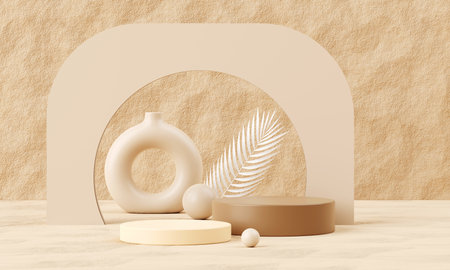 3D Render, Minimal Beige Stone Display Podium for Product Mock-up or Cosmetics Presentation in Brown Studioの写真素材