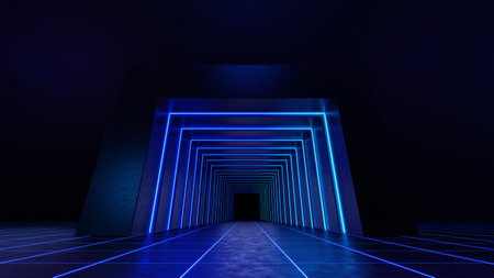 3d technology abstract neon light background, empty space scene, spotlight, dark night, virtual reality, cyber futuristic sci-fi background, street floor studio for mock up. colored geometric.の写真素材