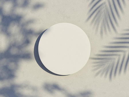 3d render top view of white blank cylinder frame for mock up and display products with shadows of palm leaves with summer background. Creative idea concept.の写真素材