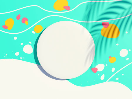 3d render top view of white blank cylinder frame for mock up and display products with shadows of palm leaves with summer background. Creative idea concept.の写真素材