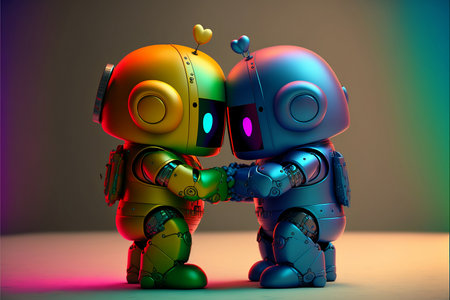 Cute couple of robot fall in love. LGBTQ pride concept. Minimal Technology. Generative aiの素材