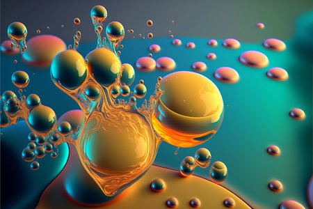 Abstract Cosmetics Essence molecule, collagen, Vitamin or Serum drop water for moisturizer. Liquid molecule chemical structure on water background. Cosmetics power treatment. Generative AI.の素材