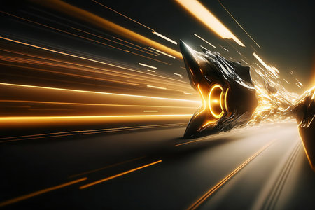 Motion of line speed and power or light trails. High-speed light with curve movement beam. 5G Technology fast and futuristic background. Abstract motion blur. Generative AI.の素材