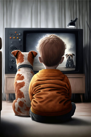 Cartoon Back view of cute little boy watching a television with dog friends. Generative AI.の素材