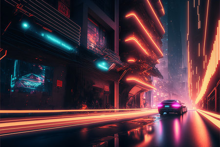 Night city Cyber punk landscape concept. Light glowing on dark scene. Night life. Technology network for 5g. Beyond generation and futuristic of Sci-Fi Capital city and building scene. Generative AI.の素材