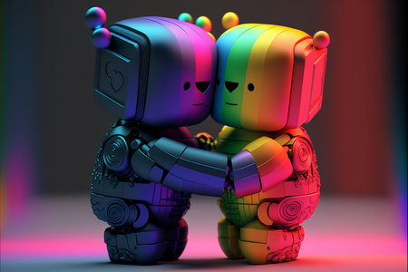 Cute couple of robot fall in love. LGBTQ pride concept. Minimal Technology. Generative aiの素材