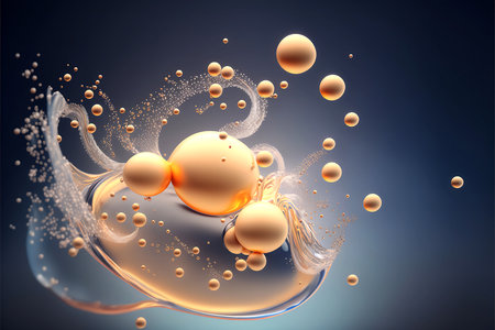 Abstract Cosmetics Essence molecule, collagen, Vitamin or Serum drop water for moisturizer. Liquid molecule chemical structure on water background. Cosmetics power treatment. Generative AI.の素材