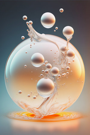 Abstract Cosmetics Essence molecule, collagen, Vitamin or Serum drop water for moisturizer. Liquid molecule chemical structure on water background. Cosmetics power treatment. Generative AI.の素材