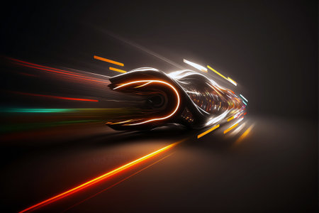 Motion of line speed and power or light trails. High-speed light with curve movement beam. 5G Technology fast and futuristic background. Abstract motion blur. Generative AI.の素材