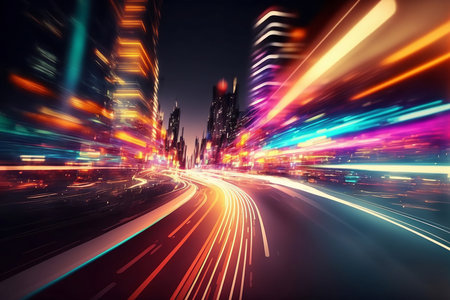 Motion of line speed and power or light trails. High-speed light with curve movement beam. 5G Technology fast and futuristic background. Abstract motion blur. Generative AI.の素材