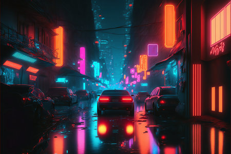 Night city Cyber punk landscape concept. Light glowing on dark scene. Night life. Technology network for 5g. Beyond generation and futuristic of Sci-Fi Capital city and building scene. Generative AI.の素材