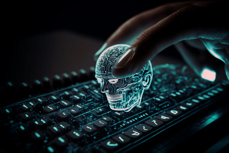 Futuristic Hand typing keyboard with AI robot brain as helper. Technology in future. Writing programming codes. Generative AI.の素材