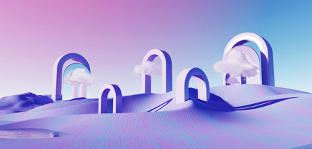 3d render Surreal pastel landscape background with geometric shapes, abstract fantastic desert dune in seasoning landscape with arches, panoramic, futuristic scene with copy space, blue sky and cloudyの写真素材