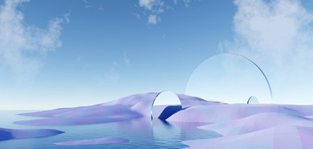 3d render Surreal pastel landscape background with geometric shapes, abstract fantastic desert dune in seasoning landscape with arches, panoramic, futuristic scene with copy space, blue sky and cloudyの写真素材