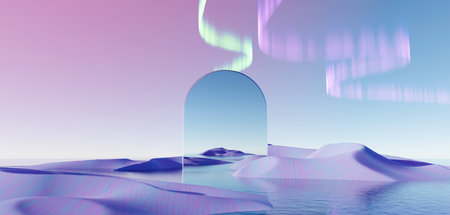 3d render Surreal pastel landscape background with geometric shapes, abstract fantastic desert dune in seasoning landscape with arches, panoramic, futuristic scene with copy space, blue sky and cloudyの写真素材