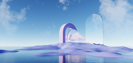 3d render Surreal pastel landscape background with geometric shapes, abstract fantastic desert dune in seasoning landscape with arches, panoramic, futuristic scene with copy space, blue sky and cloudyの写真素材