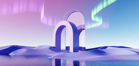 3d render Surreal pastel landscape background with geometric shapes, abstract fantastic desert dune in seasoning landscape with arches, panoramic, futuristic scene with copy space, blue sky and cloudyの写真素材