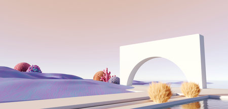 3d render Surreal pastel landscape background with geometric shapes, abstract fantastic desert dune in seasoning landscape with arches, panoramic, futuristic scene with copy space, blue sky and cloudyの写真素材