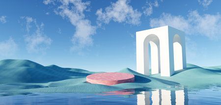 3d render Surreal pastel landscape background with geometric shapes, abstract fantastic desert dune in seasoning landscape with arches, panoramic, futuristic scene with copy space, blue sky and cloudyの写真素材