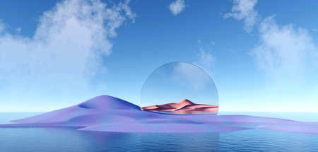 3d render Surreal pastel landscape background with geometric shapes, abstract fantastic desert dune in seasoning landscape with arches, panoramic, futuristic scene with copy space, blue sky and cloudyの写真素材