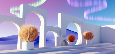 3d render Surreal pastel landscape background with geometric shapes, abstract fantastic desert dune in seasoning landscape with arches, panoramic, futuristic scene with copy space, blue sky and cloudyの写真素材