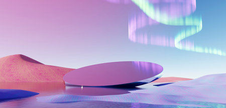 3d render Surreal pastel landscape background with geometric shapes, abstract fantastic desert dune in seasoning landscape with arches, panoramic, futuristic scene with copy space, blue sky and cloudyの写真素材