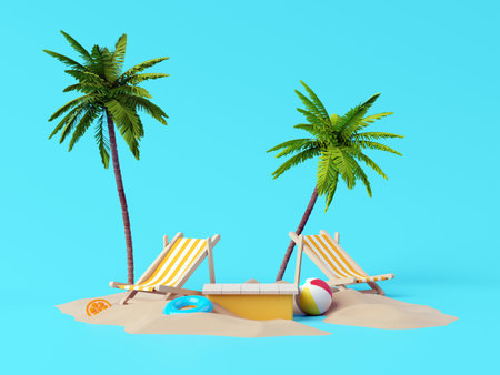 Summer vacation beach abstract background concept, Minimal Realistic Display Podium for Product mock-up or Cosmetics with summer theme, beach umbrella, sand, chairs, inflatable ring. 3d renderingの写真素材