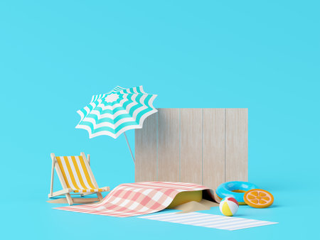 Summer vacation beach abstract background concept, Minimal Realistic Display Podium for Product mock-up or Cosmetics with summer theme, beach umbrella, sand, chairs, inflatable ring. 3d renderingの写真素材