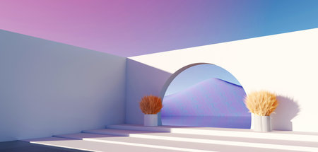 3d render Surreal pastel landscape background with geometric shapes, abstract fantastic desert dune in seasoning landscape with arches, panoramic, futuristic scene with copy space, blue sky and cloudyの写真素材
