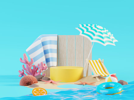 Summer vacation beach abstract background concept, Minimal Realistic Display Podium for Product mock-up or Cosmetics with summer theme, beach umbrella, sand, chairs, inflatable ring. 3d renderingの写真素材