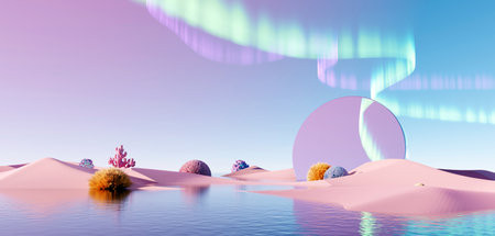 3d render Surreal pastel landscape background with geometric shapes, abstract fantastic desert dune in seasoning landscape with arches, panoramic, futuristic scene with copy space, blue sky and cloudyの写真素材