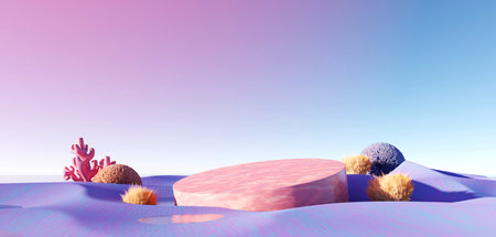 3d render Surreal pastel landscape background with geometric shapes, abstract fantastic desert dune in seasoning landscape with arches, panoramic, futuristic scene with copy space, blue sky and cloudyの写真素材