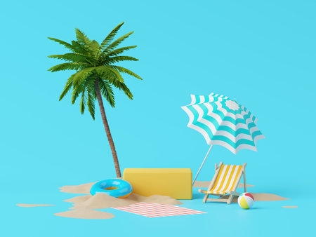 Summer vacation beach abstract background concept, Minimal Realistic Display Podium for Product mock-up or Cosmetics with summer theme, beach umbrella, sand, chairs, inflatable ring. 3d renderingの写真素材