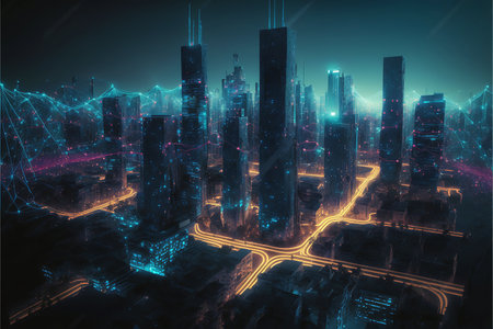 Night city Cyber punk landscape concept. Light glowing on dark scene. Night life. Technology network for 5g. Beyond generation and futuristic of Sci-Fi Capital city and building scene. Generative AI.の素材