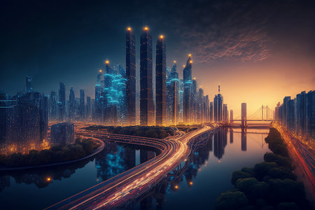 Night city Cyber punk landscape concept. Light glowing on dark scene. Night life. Technology network for 5g. Beyond generation and futuristic of Sci-Fi Capital city and building scene. Generative AI.の素材