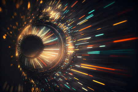 Motion of line speed and power or light trails. High-speed light with curve movement beam. 5G Technology fast and futuristic background. Abstract motion blur. Generative AI.の素材