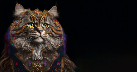The Royal cat with luxury dress costume. Close up Portrait King cat with throne and crown. Generative AI.の素材